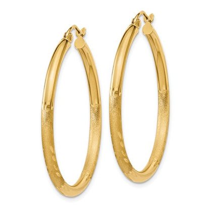 14k yellow gold satin diamond cut classic round hoop earrings 34mm x 2.5mm