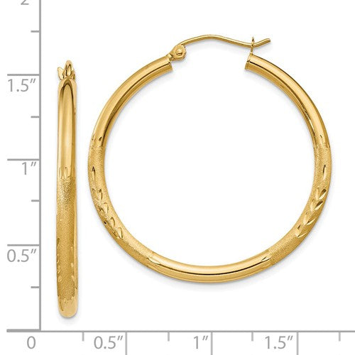 14k yellow gold satin diamond cut classic round hoop earrings 34mm x 2.5mm