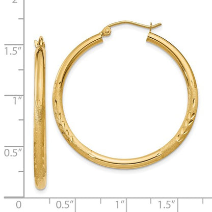 14k yellow gold satin diamond cut classic round hoop earrings 34mm x 2.5mm
