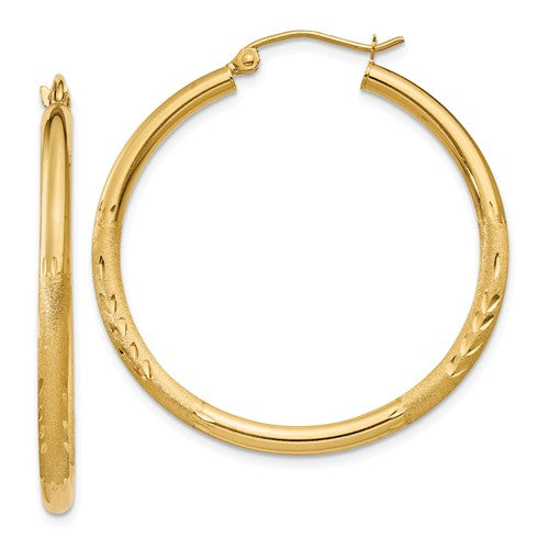 14k yellow gold satin diamond cut classic round hoop earrings 34mm x 2.5mm