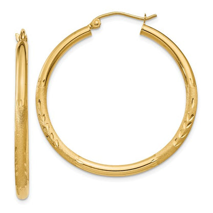 14k yellow gold satin diamond cut classic round hoop earrings 34mm x 2.5mm