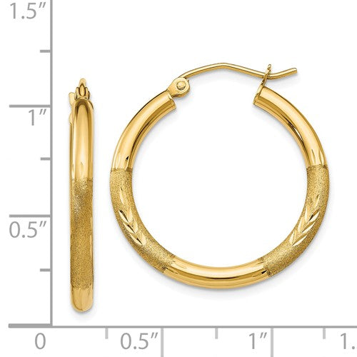 14k yellow gold satin diamond cut classic round hoop earrings 24mm x 2.5mm