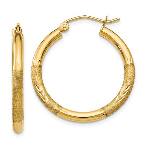 14k yellow gold satin diamond cut classic round hoop earrings 24mm x 2.5mm