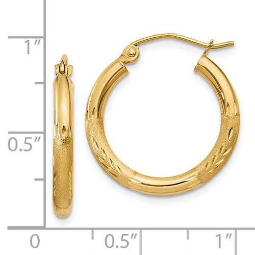 14k yellow gold satin diamond cut classic round hoop earrings 20mm x 2.5mm