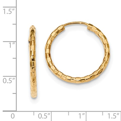 14k yellow gold patterned round endless hoop earrings 23mm x 2.5mm