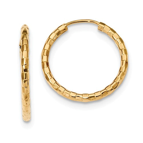14k yellow gold patterned round endless hoop earrings 23mm x 2.5mm