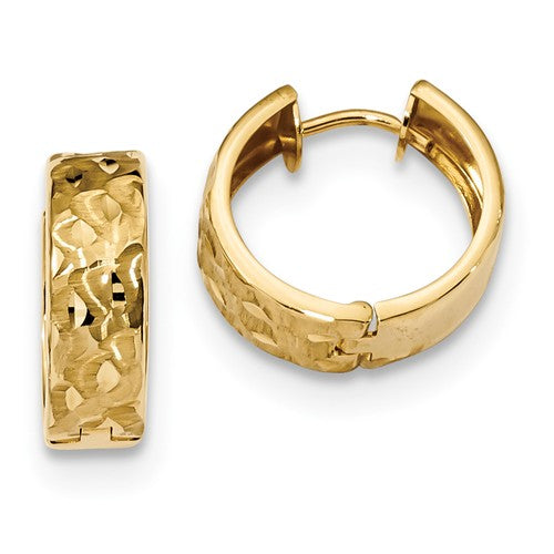 14k yellow gold waves pattern huggie hinged hoop earrings 14mm x 14mm x 5mm