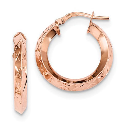 14k rose gold classic diamond cut round hoop earrings
