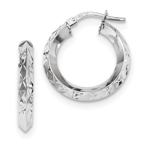 14k white gold classic diamond cut round hoop earrings