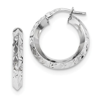 14k white gold classic diamond cut round hoop earrings