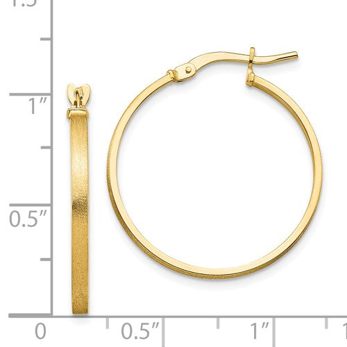 14k yellow gold brushed round square tube hoop earrings 24mm x 2mm