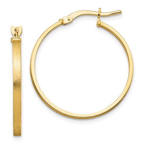 14k yellow gold brushed round square tube hoop earrings 24mm x 2mm