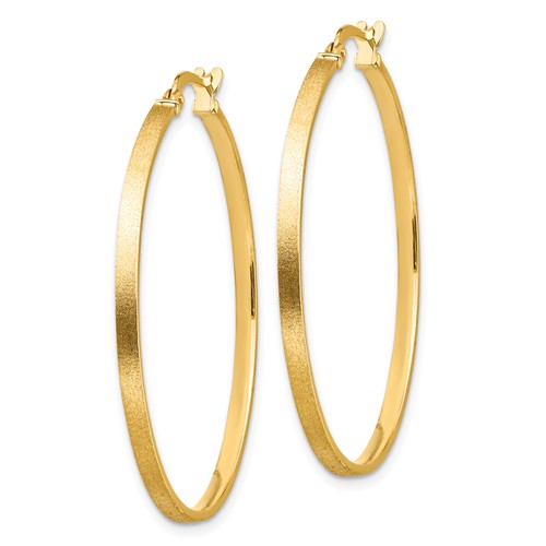 14k yellow gold brushed round square tube hoop earrings 37mm x 2mm