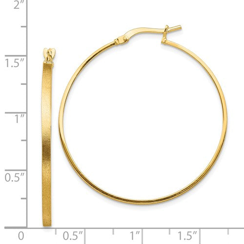 14k yellow gold brushed round square tube hoop earrings 37mm x 2mm