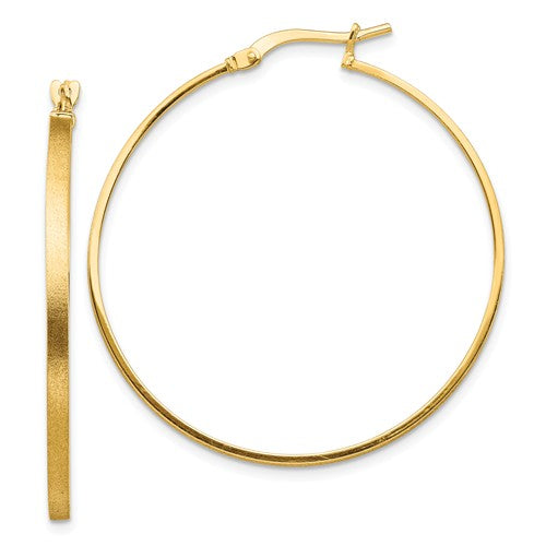 14k yellow gold brushed round square tube hoop earrings 37mm x 2mm