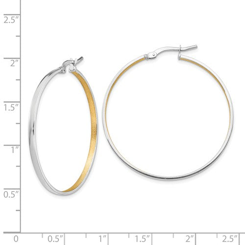 14k white gold and rhodium brushed square tube round hoop earrings