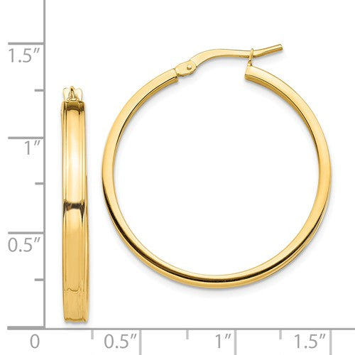 14k yellow gold round square tube hoop earrings 30mm x 3mm
