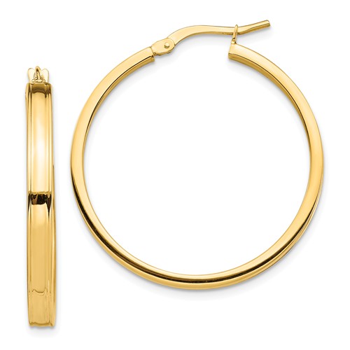 14k yellow gold round square tube hoop earrings 30mm x 3mm