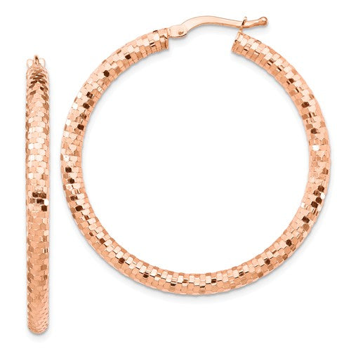 14k rose gold diamond cut round hoop earrings 37mmx 3mm