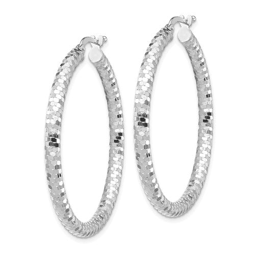 14k white gold diamond cut round hoop earrings 37mm x 3mm