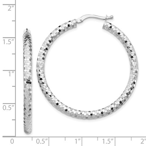 14k white gold diamond cut round hoop earrings 37mm x 3mm
