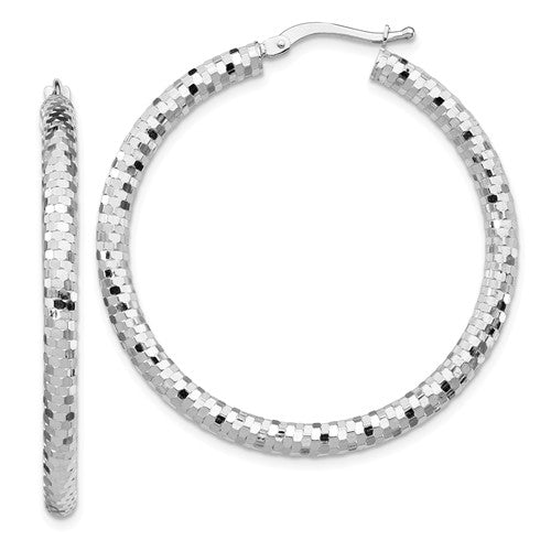 14k white gold diamond cut round hoop earrings 37mm x 3mm