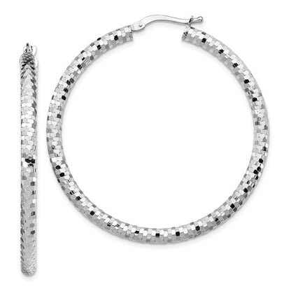 14k white gold diamond cut round hoop earrings 43mm x 3mm