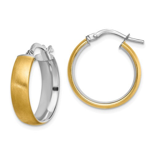 14k Yellow Gold and Rhodium Round Square Tube Satin Hoop Earrings 19mm x 5mm
