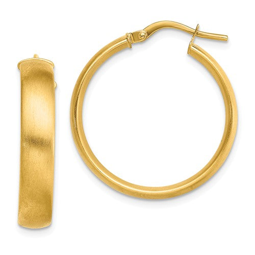 14k yellow gold round square tube satin hoop earrings 25mm x 5mm