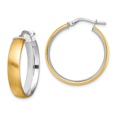14k yellow gold and rhodium round square tube satin hoop earrings 25mm x 5mm