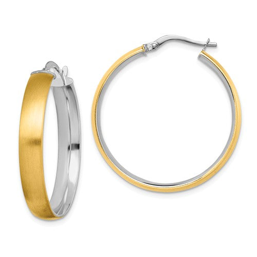 14k yellow gold and rhodium round square tube satin hoop earrings 30mm x 5mm