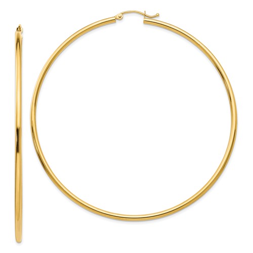 14k yellow gold classic round hoop earrings lightweight 70mm x 2mm