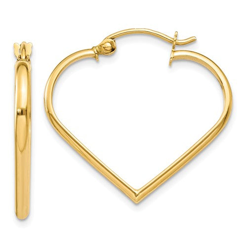 14k yellow gold heart hoop earrings 24mm x 2mm