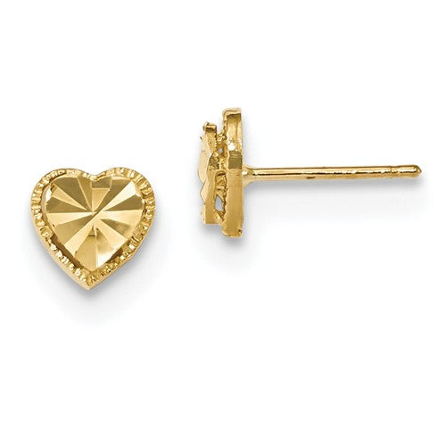 14k yellow gold diamond cut heart stud post push back earrings