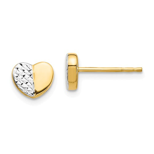 14k yellow gold and rhodium diamond cut heart stud post push back earrings