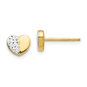 14k Yellow Gold and Rhodium Diamond Cut Heart Stud Post Push Back Earrings