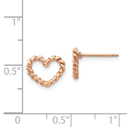 14k Rose Gold Small Rope Twisted Heart Stud Post Push Back Earrings