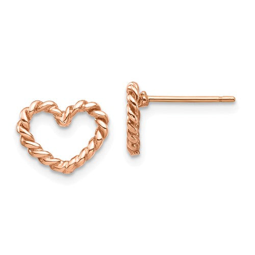 14k rose gold small rope twisted heart stud post push back earrings