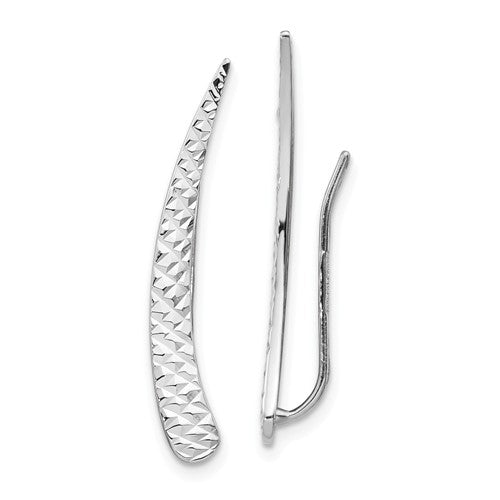14k white gold geometric geo style textured pointed ear climber earrings