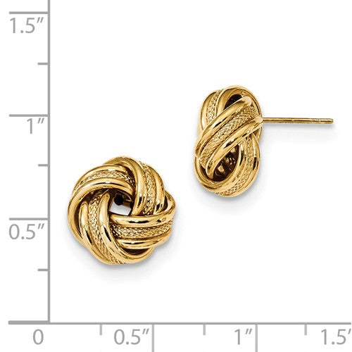 14k yellow gold 13mm textured love knot post stud earrings