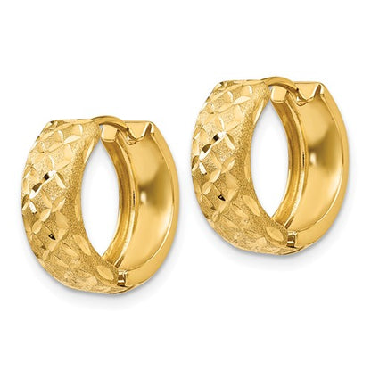 14k yellow gold satin textured huggie hinged hoop earrings 15mm x 15mm x 5mm