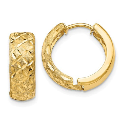 14k yellow gold satin textured huggie hinged hoop earrings 15mm x 15mm x 5mm