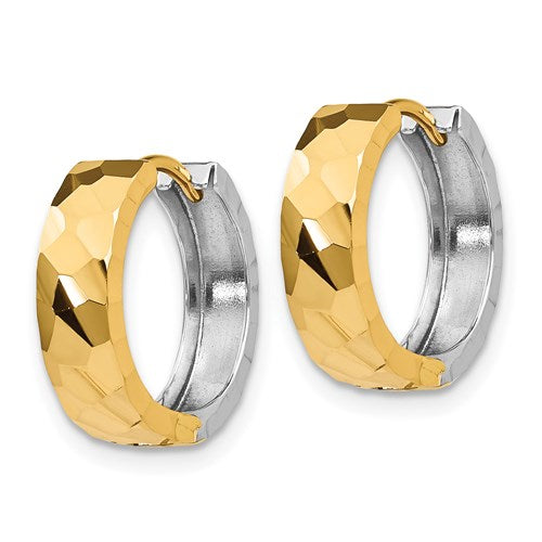 14k yellow white gold two tone textured huggie hinged hoop earrings 15mm x 4mm