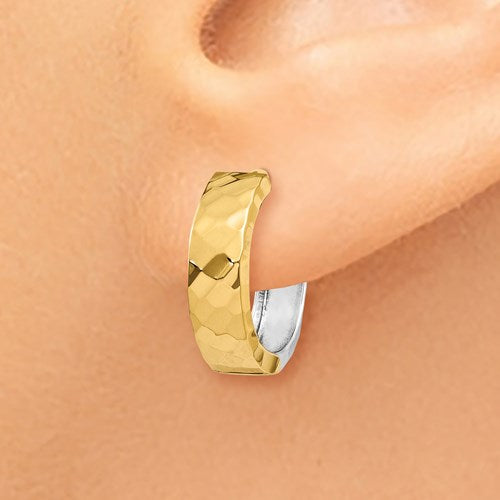 14k yellow white gold two tone textured huggie hinged hoop earrings 15mm x 4mm