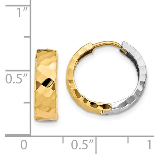 14k yellow white gold two tone textured huggie hinged hoop earrings 15mm x 4mm