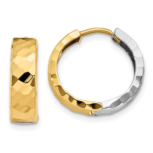 14k yellow white gold two tone textured huggie hinged hoop earrings 15mm x 4mm