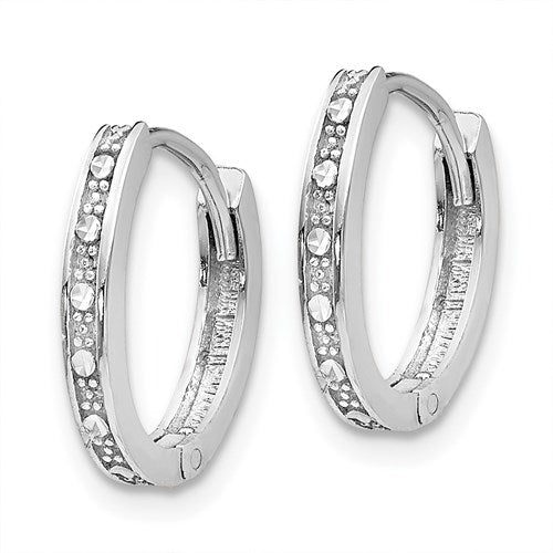 14k white gold diamond cut small dainty huggie hinged hoop earrings 13mm x 1mm