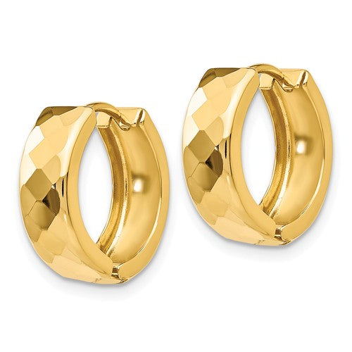 14k yellow gold textured huggie hinged hoop earrings 14mm x 5mm