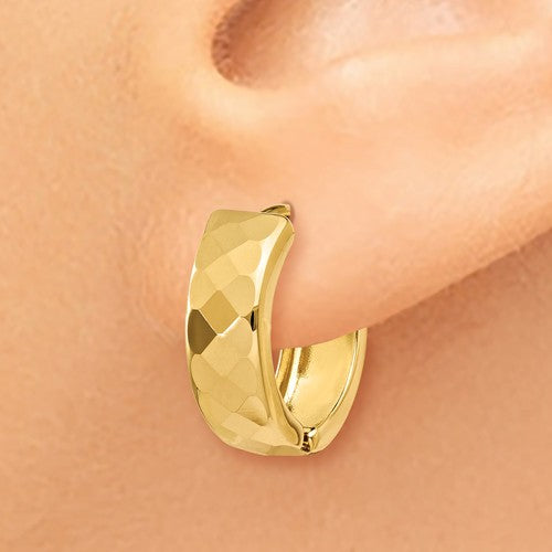 14k yellow gold textured huggie hinged hoop earrings 14mm x 5mm