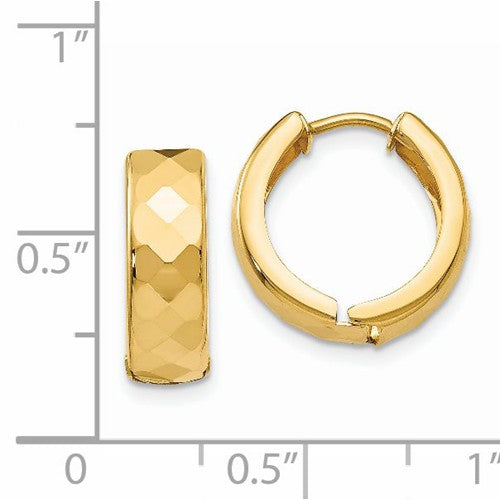 14k yellow gold textured huggie hinged hoop earrings 14mm x 5mm